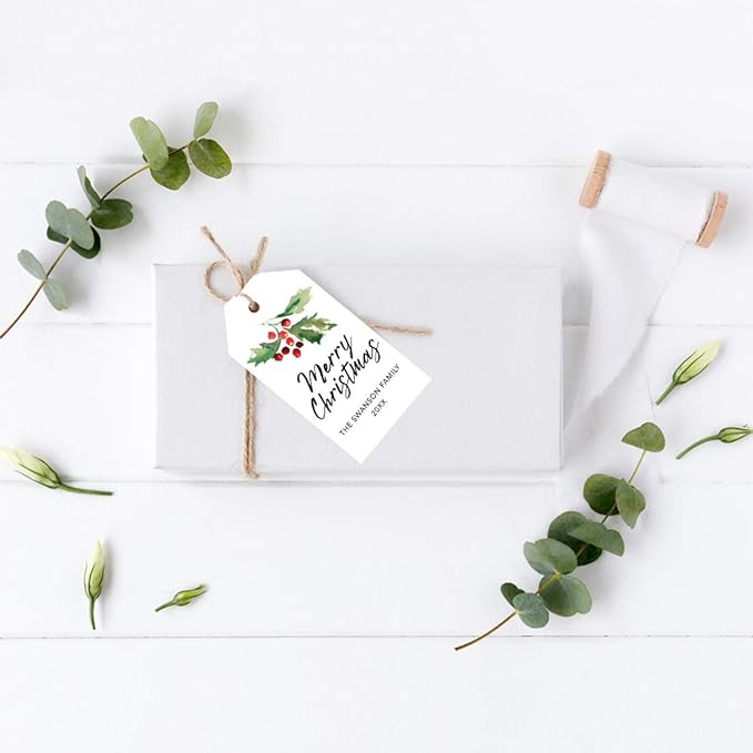 Andaz Press Personalized Christmas Holiday Season Classic Gift Tags, Merry Christmas Custom Family Name and Year, Watercolor Holly Branch Design, for Holiday Events, Parties, and Favors, 60-Pack