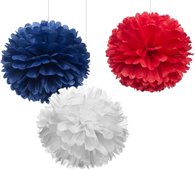 WEVEN 12" Red White Blue Tissue Pom Poms DIY Hanging Paper Flower Balls for Nautical Party Decoration 4th of July Patriotic Decorations, Pack of 12