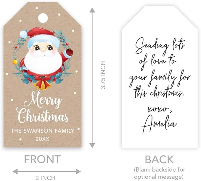 Andaz Press Personalized Christmas Holiday Season Classic Gift Tags, Merry Christmas Santa with Christmas Wreath Design, Custom Family Name and Year, for Holiday Events, Parties, and Favors, 60-Pack