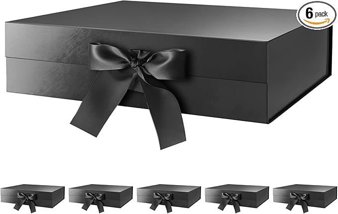 GREEN BEAN 6 Large Gift Boxes with Lids for Presents 13x9.7x3.4 Inches, Black Magnetic Gift Box with Ribbon, Groomsmen Proposal Box, Luxury Gift Boxes (Glossy Black)