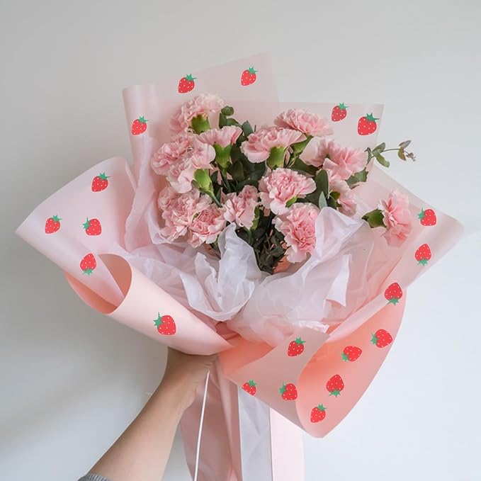 HLTOO 20 Sheets Flower Wrapping Paper, Bouquet Floral Packaging Paper with Strawberry Pattern, for Wedding, Party, Mother's Day, Birthday, and DIY Craft Florist Supplies, Pink, 57CM/22.4Inch