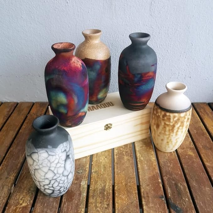 RAAQUU Koban 7 inch Raku Ceramic Clay Pottery Vase with Gift Box Corporate Gift in a Pine Box -Personalized Rustic Boho Handmade Gift in Obvara