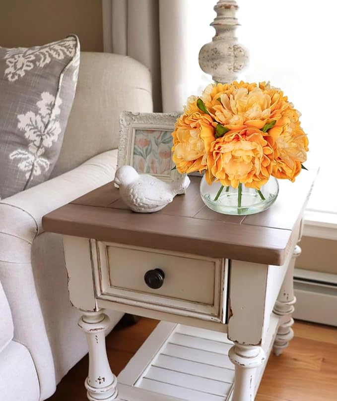 Hollyone Orange Peonies Fall Flowers Artificial for Decoration in Vase Faux Flowers Autumn Peony Silk Flower Arrangements with Glass Vase with Fake Water Table Centerpiece Fall Decorations for Home