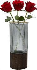 10 Inch Large Artistic Wood Base Glass Cylinder Flower Vase, Ins Modern Boho Water Stripe Style for Home Kitchen Fireplace Office Desks, Houses, Garden Decorations
