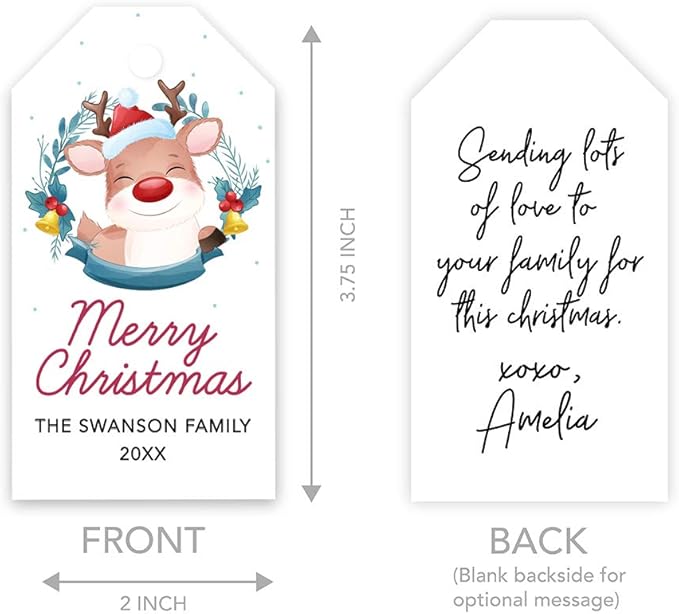 Andaz Press Personalized Christmas Holiday Season Classic Gift Tags, Merry Christmas Happy Reindeer with Santa Hat Design, Custom Family Name and Year, For Holiday Events, Parties, and Favors, 60-Pack