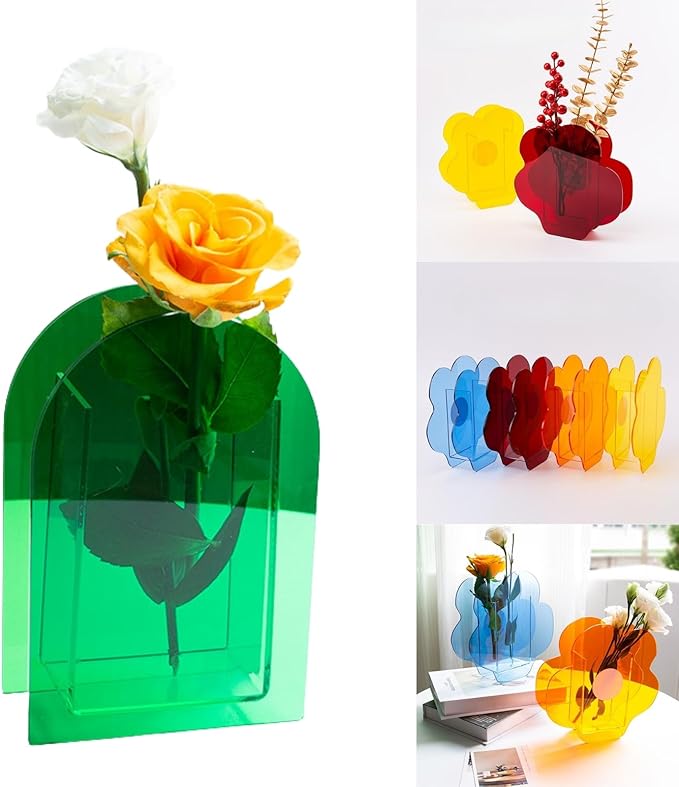 Acrylic Arch-Shaped Vase in Pine Green, Modern Decorative Centerpiece for Home, Office, Wedding or Gallery Display (Arch Style)
