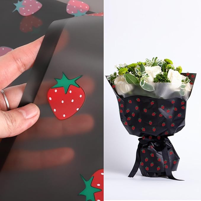 HLTOO 20 Sheets Flower Wrapping Paper, Bouquet Floral Packaging Paper with Strawberry Pattern, for Wedding, Party, Mother's Day, Birthday, and DIY Craft Florist Supplies (BlackBlack)