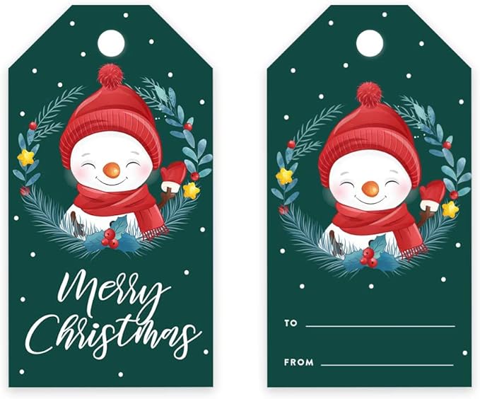 Andaz Press Christmas Holiday Season Classic Gift Tags, Merry Christmas to from Classic Favor Tags, Snowman with Christmas Wreath Design, for Holiday Events, Parties, and Favors, 60-Pack
