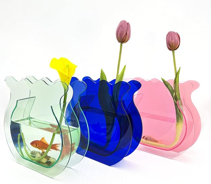 Mini Acrylic Fish Bowl Flower Vase for Small Fish or Plant, Lake Blue Decorative Acrylic Vase for Home Office, Modern Compact Bud Design Tabletop Décor (Lake Blue, Mini)