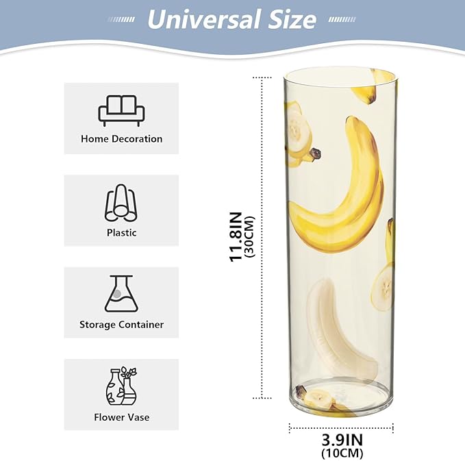 Flower Vase Clear Plastic Cylinder Vases Decor for Centerpieces Home Storage Office Weddings Yellow Bananas Fruit 11.8 x 3.9 in