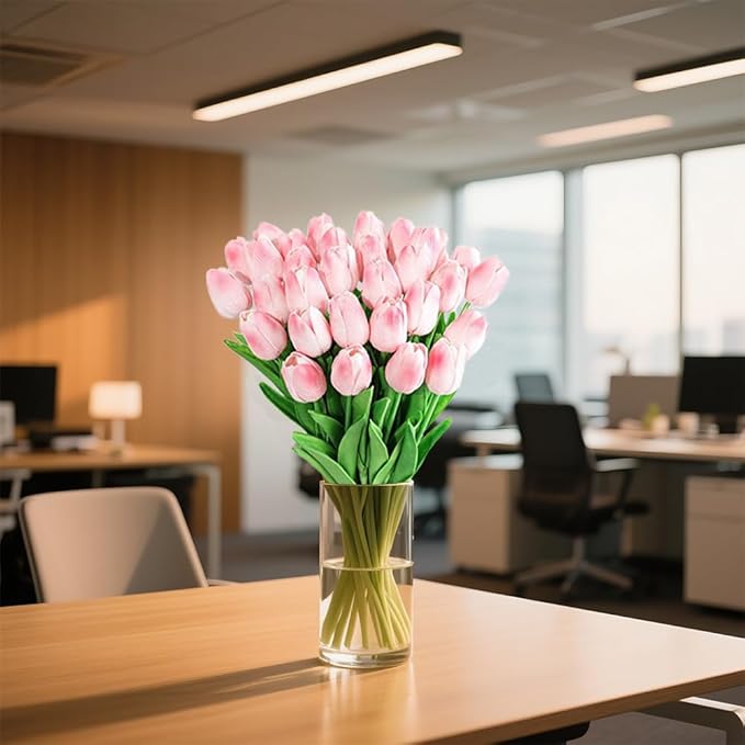 20pcs Pink Faux Tulips Flowers Fake Flowers Bouquets 13.5" Mother's Day Easter Valentine’S Day Gifts in Home Kitchen Wedding Dining Table Decorations Aesthetic No Odor