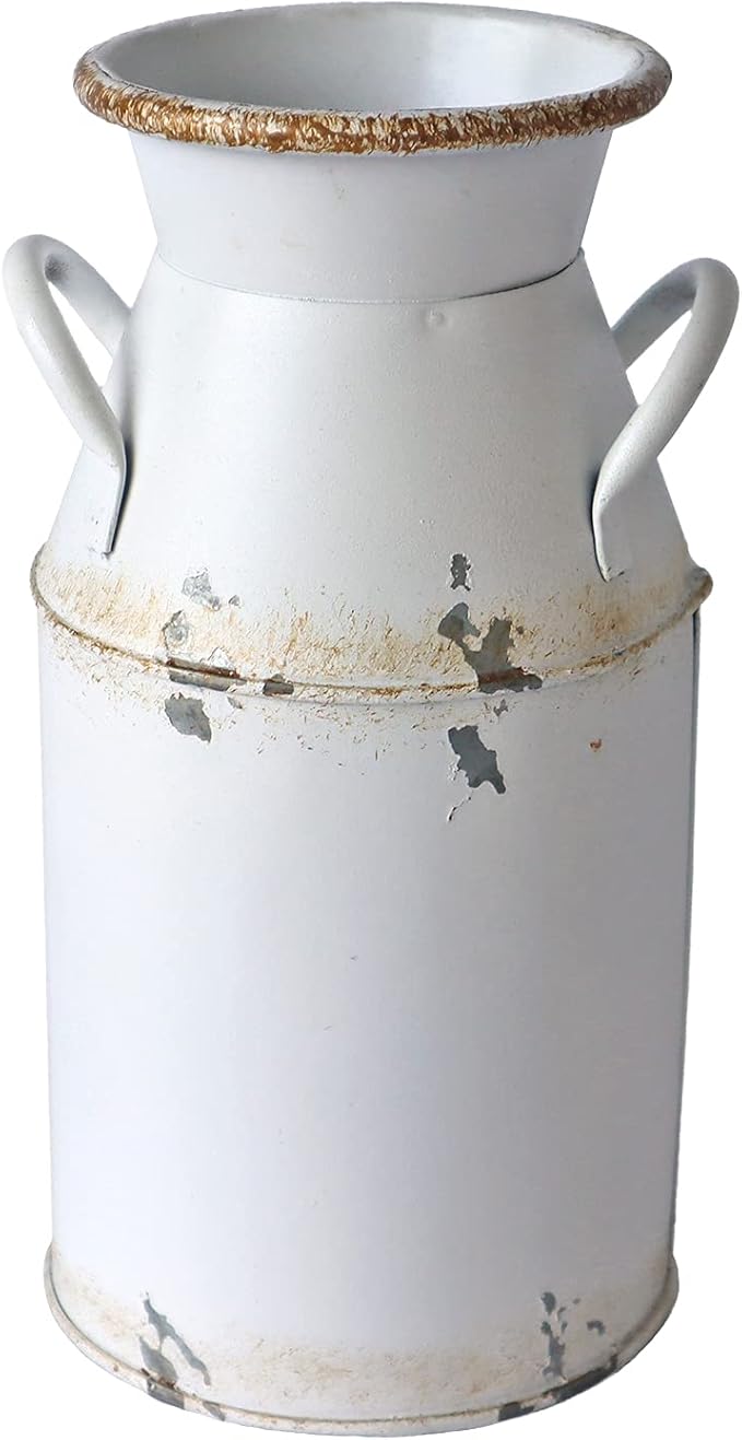 Galvanized Milk Can Antique Retro Vase Metal Planter Rustic Vintage Primitive Flower Holder Farmhouse Country Plant for Home Office Decor, 7.6”