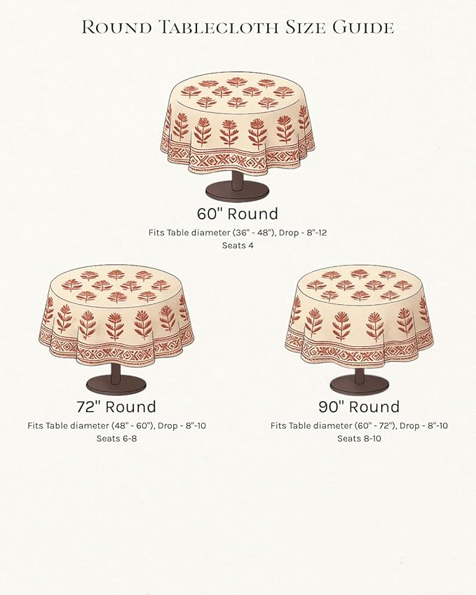 ATOSII Red Bloom 100% Cotton Round Boho Fall Tablecloth, Handblock Floral Table Cloth Linen for Kitchen Dining I Parties Wedding Outdoors Easter Thanksgiving I Fall Home Decor 60" Inches Round