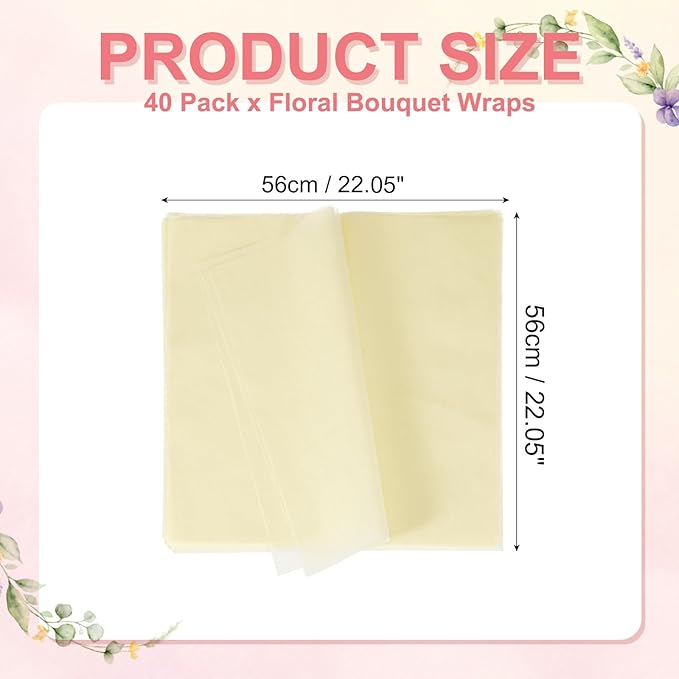 YELARXI Flower Wrapping Paper, Cotton Wrapping Flower Paper, Non-Woven Waterproof Floral Bouquet Wraps - Fitting for (Florist Supplies/Gift) 22 x 22 Inch & 40 Pack & Beige