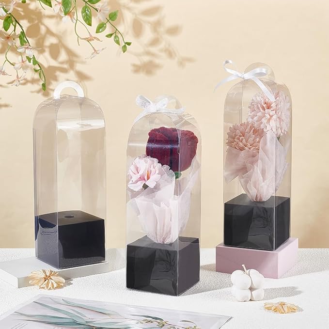 BENECREAT 12Pcs Single Rose Flower Box Empty Bag, Clear Flower Packing Boxes Flower Gift Boxes for Graduation Wedding Birthday Floral Gift Floral Arrangement Supply, Black
