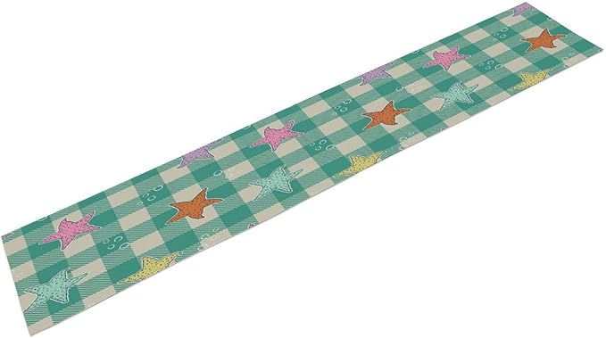 Starfish Plaid Table Flag Green Plaid and Marine Life Starfish Kitchen Table Flag Suitable for Birthday Party Restaurant Decoration Outdoor Picnic 13 * 70 Inch