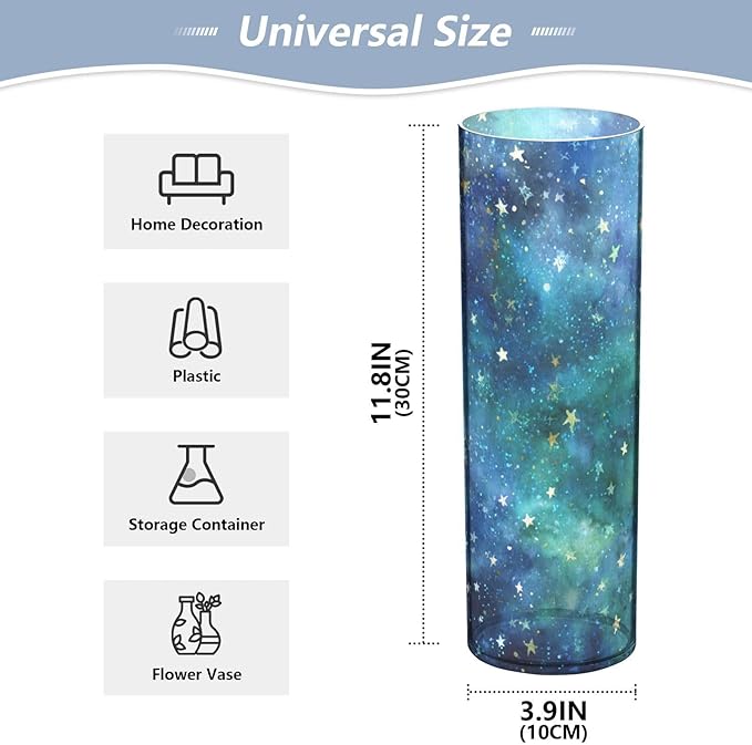 Flower Vase Clear Plastic Cylinder Vases Decor for Centerpieces Home Storage Office Weddings Watercolor Starry Sky Stars Blue 11.8 x 3.9 in