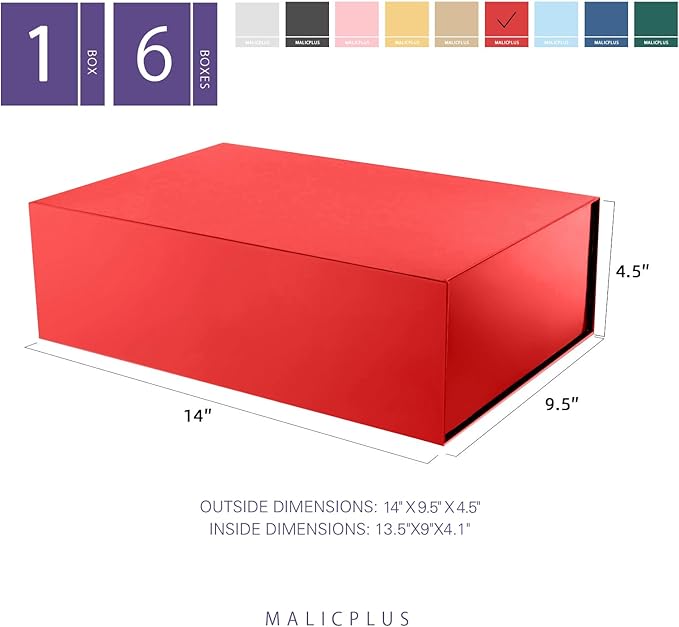 Christmas Large Gift Box with Lid 13.5x9x4.1 Inches, Red Bridesmaid Proposal Gift Box with Magnetic Closure for All Occasion (Glossy Red)