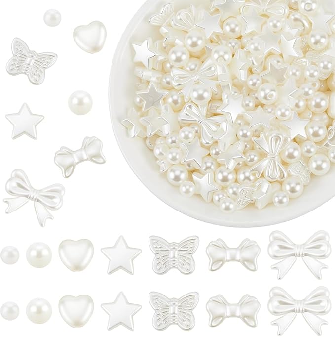 1 Box 7 Styles 700PCS Pearl Beads Kit with Hole Floral White ABS Plastic Heart Star Round Bow Assorted Imitation Pearls Loose Bead for Jewelry Making Bracelet Necklace DIY Crafts Supply