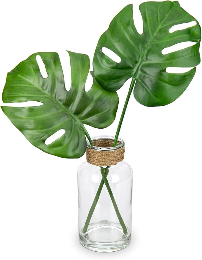 Artificial Plant in Glass Vase with Faux Water, Fake Monstera Plant Real Touch Faux Plants Tropical Leaves Fake Greenery Stems for Home Office Farmhouse Wedding Centerpiece Décor
