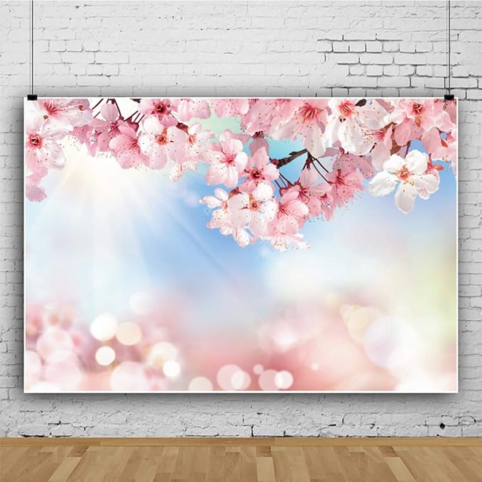 Renaiss 10x7ft Cherry Blossom Floral Backdrop Pink Flower Sunshine Bokeh Romantic Nature Scenery Photography Background for Wedding Bridal Shower Birthday Party Decor Photo Booth Props