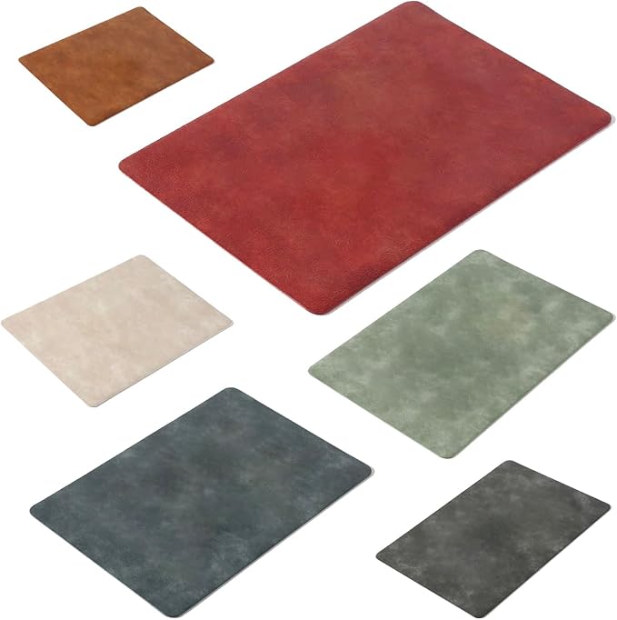 UnivoColors Washed Cowhide Pattern PU Leather Placemats Set of 6 Heat Resistant Kitchen Table Mats, Waterproof Wipeable for Party Decoration(Black+Blue+Green+Reddish Brown+Red+Beige)