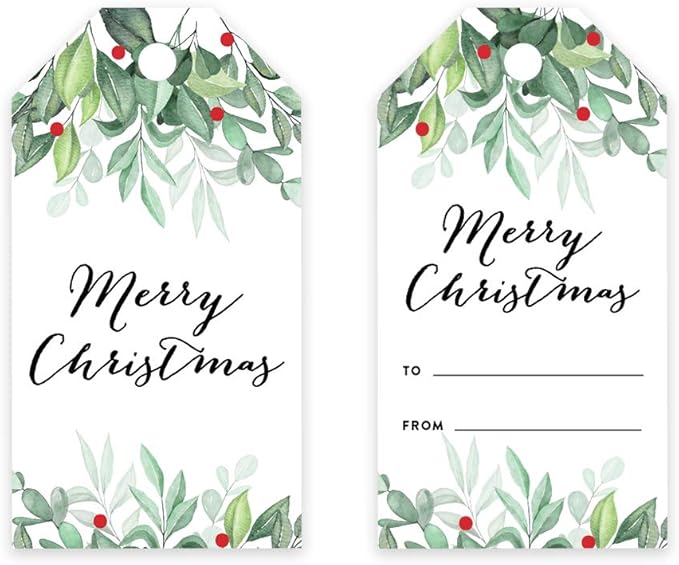 Andaz Press Christmas Holiday Season Classic Gift Tags, Merry Christmas to from Classic Favor Tags, Watercolor Holly Leaves Design, for Holiday Events, Parties, and Favors, 60-Pack