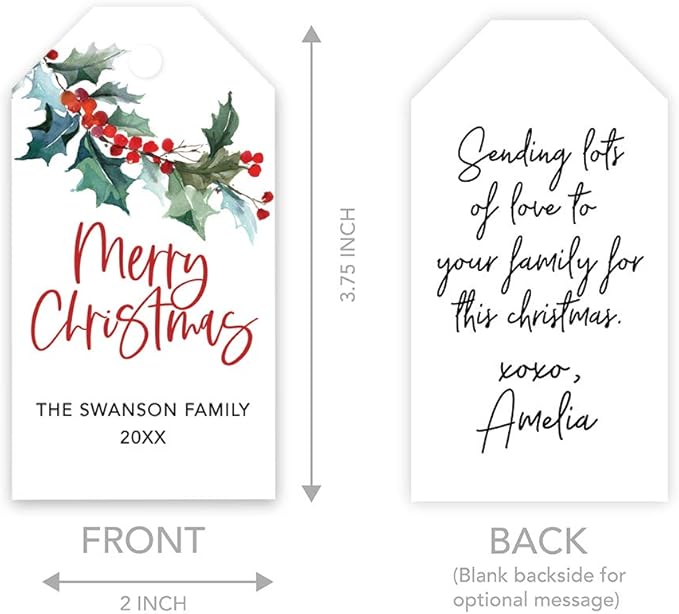 Andaz Press Personalized Christmas Holiday Season Classic Gift Tags, Merry Christmas Custom Family Name and Year, Watercolor Holly Branch Leaves Design, for Holiday Events, Parties, Favors, 60-Pack