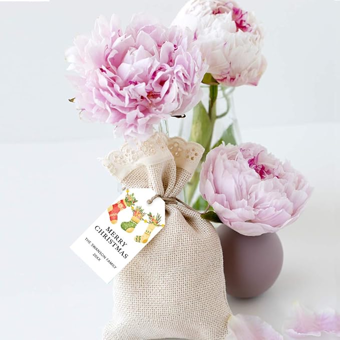 Andaz Press Personalized Christmas Holiday Season Classic Gift Tags, Merry Christmas Custom Family Name and Year, Watercolor Vintage Knit Stockings Design, Holiday Events, Parties, Favors, 60-Pack