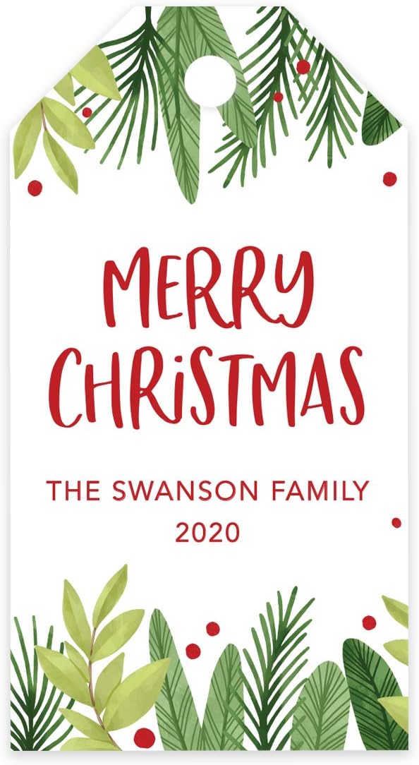 Andaz Press Personalized Christmas Holiday Season Classic Gift Tags, Merry Christmas Custom Family Name and Year, Holly and Berry Branches Design, for Holiday Events, Parties, and Favors, 60-Pack