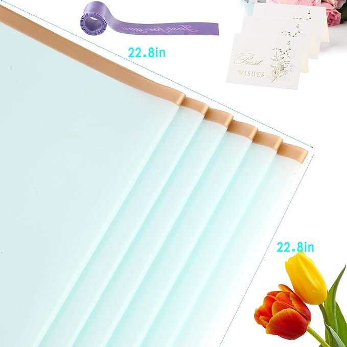 YIDATIKER 20 sheet Flower Wrapping Paper,waterproof floral wrapping paper for bouquets,DIY Florist Supplies Packaging Paper with satin ribbon for Wedding,Birthday,Valentine's Day(Light Blue)