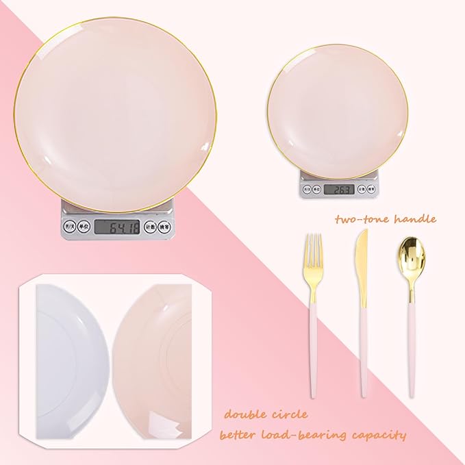 Liacere 150PCS Plastic Plates-Gold Plastic Silverware with Pink Handle - Pink Disposable Plates Include 30 Guests Plates, Forks, Spoons, Knives for Wedding＆Easter Day＆Mother's Day＆Valentine's Day