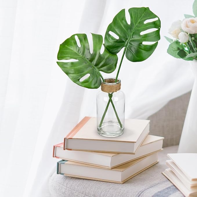 Artificial Plant in Glass Vase with Faux Water, Fake Monstera Plant Real Touch Faux Plants Tropical Leaves Fake Greenery Stems for Home Office Farmhouse Wedding Centerpiece Décor