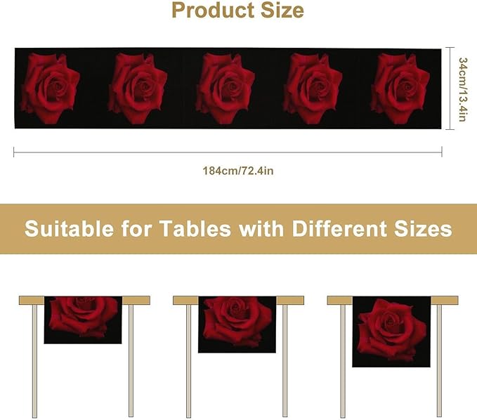 Red Rose Table Runner,Romantic Flower Black Table Runner for Indoor Outdoor Holiday Home Wedding Party 13x36 Inch