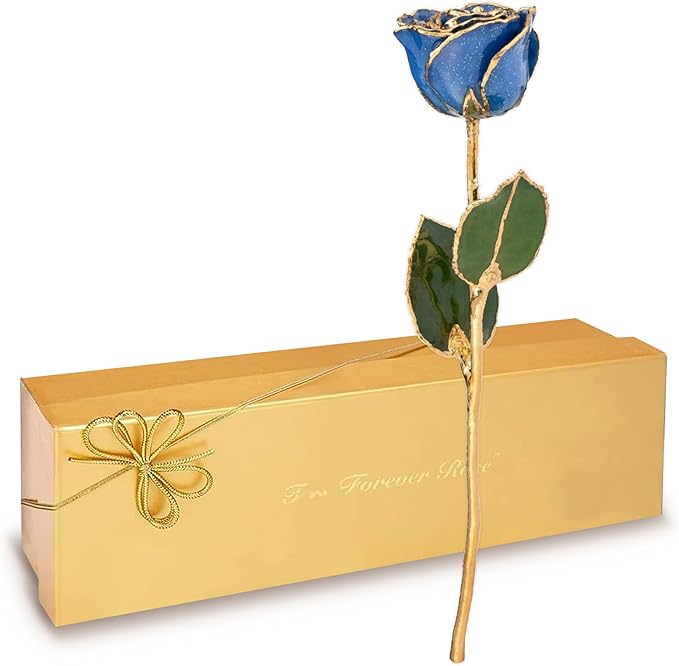 Forever Rose Hand-Dipped in 24K Gold, Sapphire-Inspired September Birthstone with Sparkles, Real Rose in Luxury Gold Gift Box – Perfect Ready to Gift for September Birthday or Any Occasion