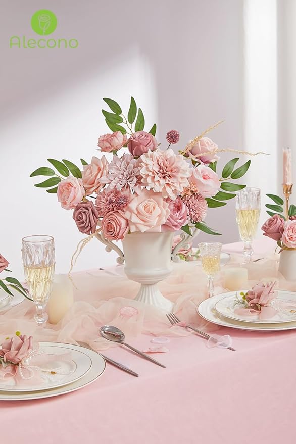 Alecono Artificial Flowers, Dusty Pink Silk Fake Flowers for DIY Wedding Bridal Bouquets, Wedding Cake Flowers for Table Centerpieces Baby Shower Birthday Party Home Decorations