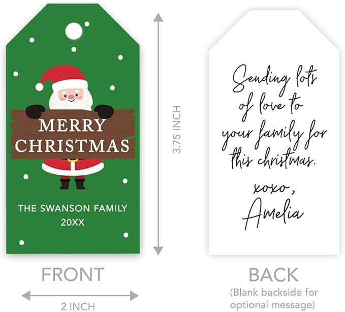 Andaz Press Personalized Christmas Holiday Season Classic Gift Tags, Merry Christmas Custom Family Name and Year, Santa Claus Holding Merry Christmas Sign Design, Holiday Events, Party Favors, 60-Pack