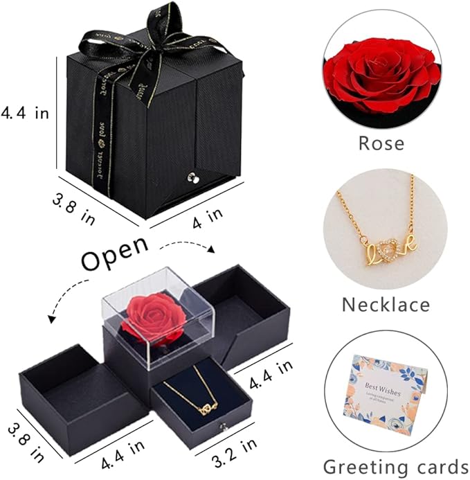 EIGHTOWN Roses Bouquet Artificial Flower - Preserved Pink Rose Flowers with Love Necklace for Her - Unique Gifts Valentine's Day, Mother's Day, Thanksgiving, Birthday, Anniversary