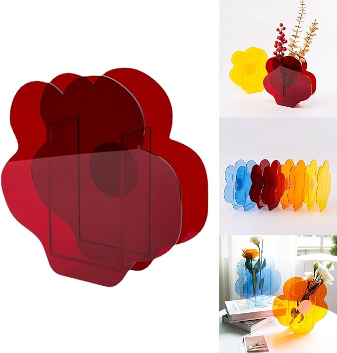 Acrylic Flower-Shaped Vase in Wine Red, Modern Decorative Centerpiece for Living Room, Office, Wedding or Gallery Display (Flower Style)