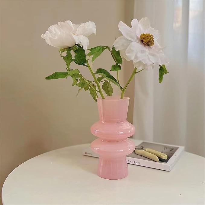 JSPYFITS Modern Glass Vases, 7.87" Tall Four-Layer Book Vase Bubble Flower Vases Decorative for Home Décor, Decorative Pink Glass Table Vase for Wedding Housewarming Gift