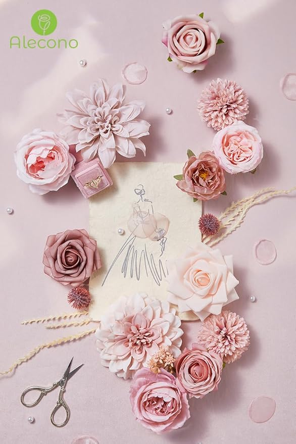 Alecono Artificial Flowers, Dusty Pink Silk Fake Flowers for DIY Wedding Bridal Bouquets, Wedding Cake Flowers for Table Centerpieces Baby Shower Birthday Party Home Decorations