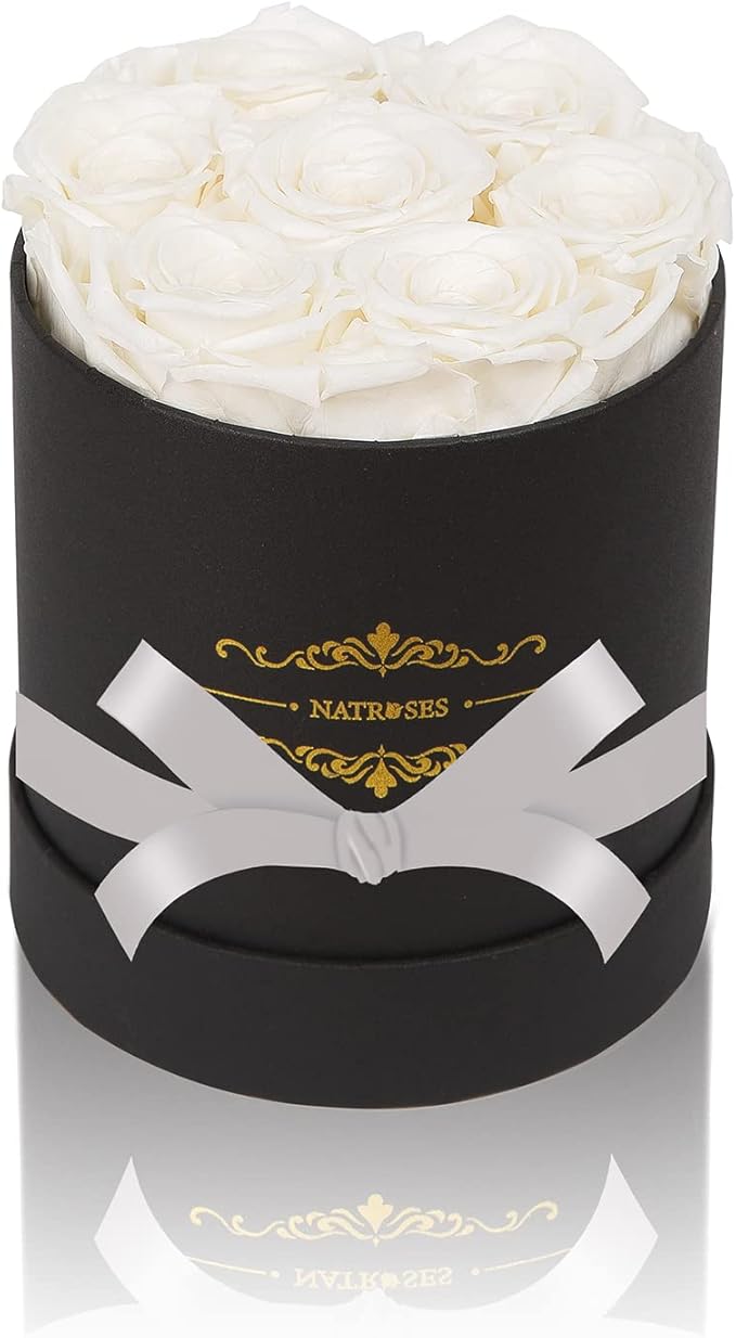 NATROSES 7 Piece Preserved Roses in a Box, Preserved Flowers for Birthday, Flower Gifts for Mothers Day (White)