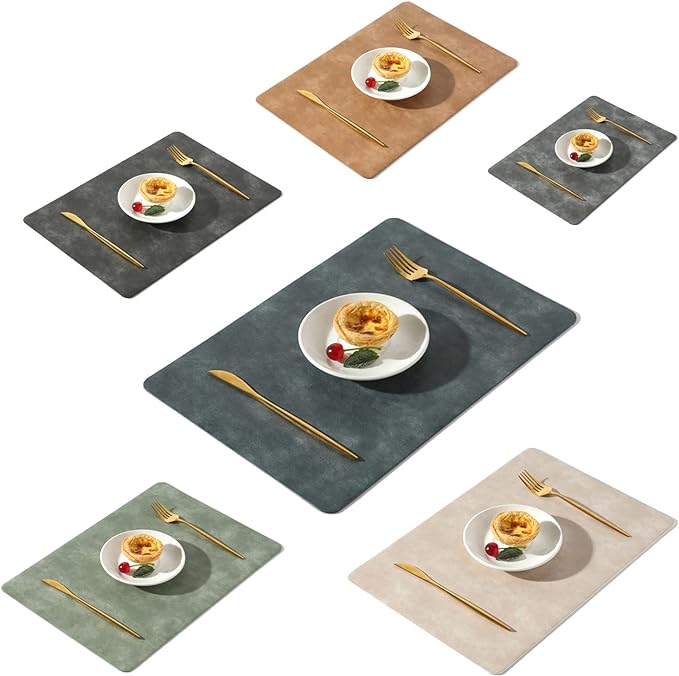 UnivoColors Washed Cowhide Pattern PU Leather Placemats Set of 6 Heat Resistant Kitchen Table Mats, Waterproof Wipeable for Party Decoration(Black+Blue+Grey+Camel+Beige+Green)