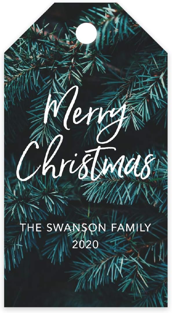 Andaz Press Personalized Christmas Holiday Season Classic Gift Tags, Merry Christmas Custom Family Name and Year, Christmas Tree Branch Design, for Holiday Events, Parties, and Favors, 60-Pack