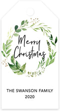 Andaz Press Personalized Christmas Holiday Season Classic Gift Tags, Merry Christmas Custom Family Name and Year, Watercolor Greenery Wreath Design, for Holiday Events, Parties, and Favors, 60-Pack