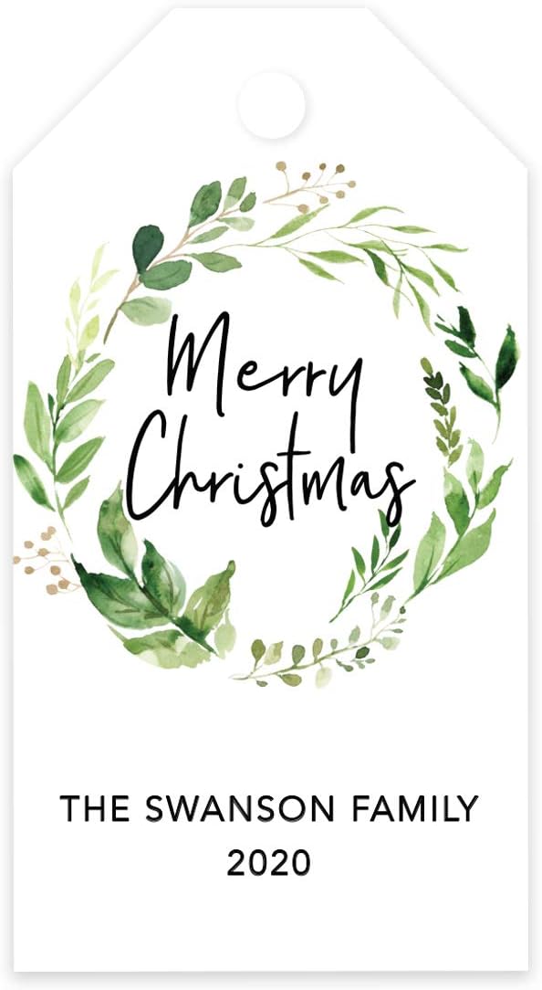 Andaz Press Personalized Christmas Holiday Season Classic Gift Tags, Merry Christmas Custom Family Name and Year, Watercolor Greenery Wreath Design, for Holiday Events, Parties, and Favors, 60-Pack