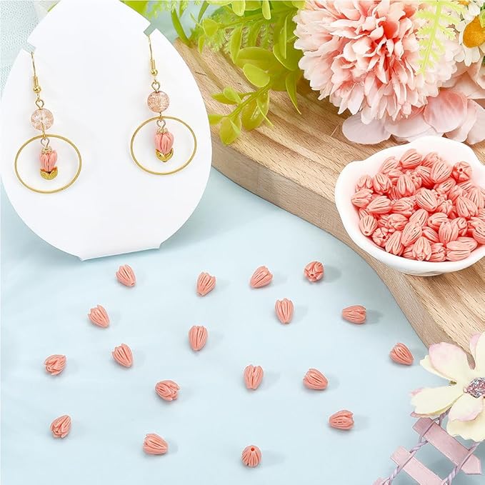 1 Box 100Pcs Carved Coral Beads 8mm Flower Beads 3D Pink Jasmine Artificial Floral Dyed Synthetic Coral Small Smooth Loose Spacers Findings for Jewelry Making Bracelets Necklaces DIY Crafts