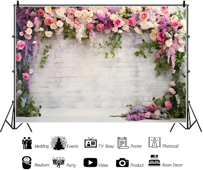7x5ft Retro White Brick Wall Floral Backdrop Romantic Roses Vine Leaves Photography Background Girls Birthday Party Wedding Bridal Shower Flowers Brick Wall Decoration Supplies Photo Booth Props