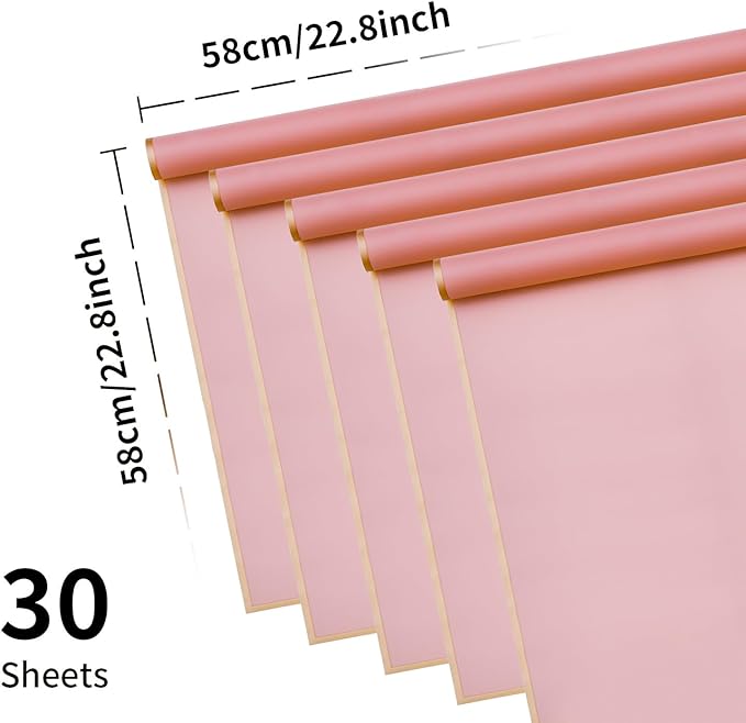 30 Sheets Blush Pink Gold Edge Flower Bouquet Wrapping Paper，Florist Supplies Waterproof Floral Bouquet Wrapping Paper Bouquet Accessorie，Flower Shop Packaging Pape for DIY Gift Wedding Birthday