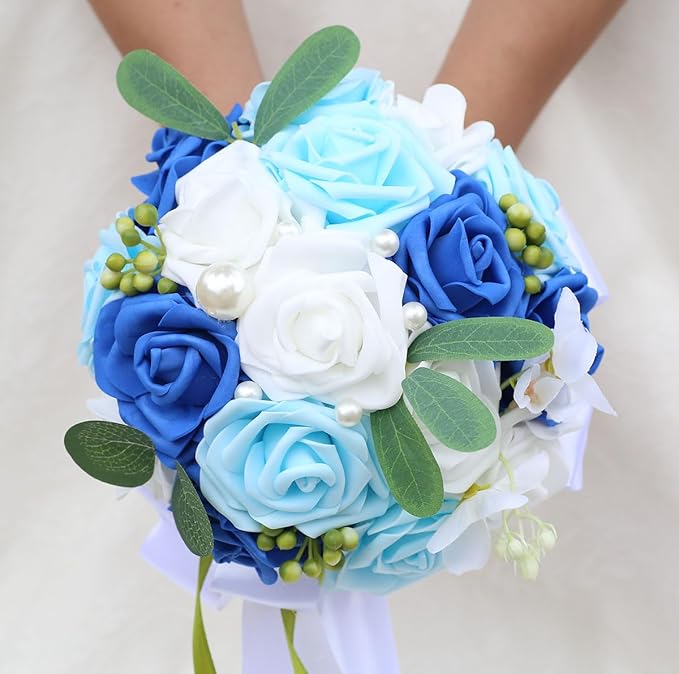 Lightweight Bridal Wedding Bouquet Round Holding Bouquet Throw Toss Artificial Rose Flower Bunch for Bride Bridesmaid Wedding Quinceanera (White, Royal Blue & Light Blue, 6.7")